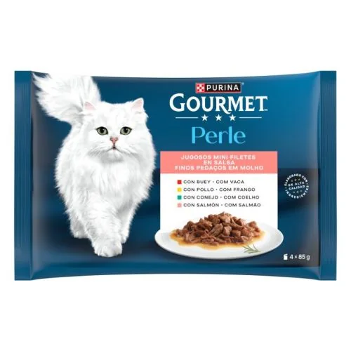 Purina Gourmet Perle Finas Láminas en Salsa con Buey, Pollo, Conejo y Salmón 85 g